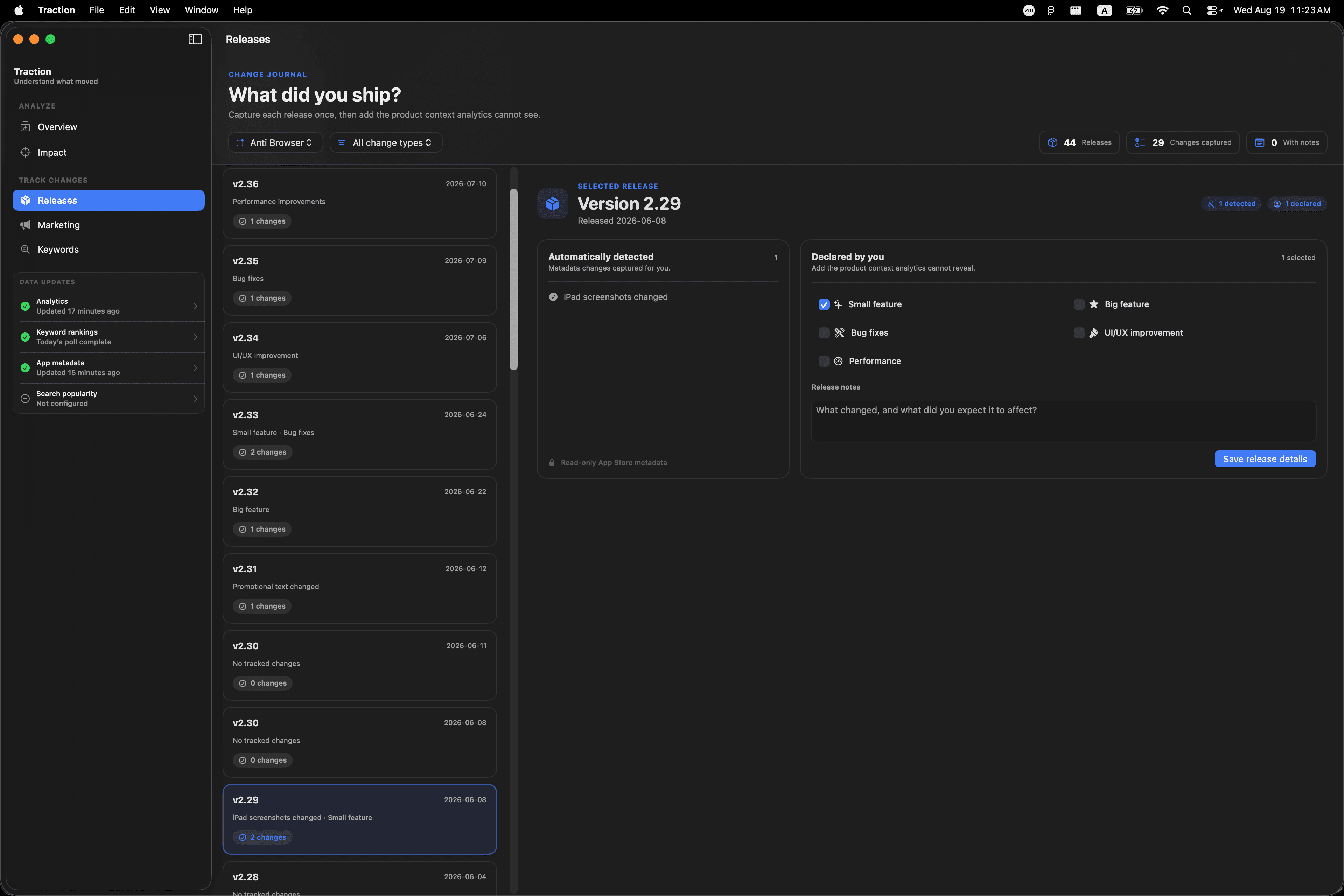 Traction release journal showing versions and captured product changes